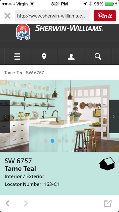 Sherwin Williams Tame Teal, Teal Wall Colors, Paint For Kitchen, Blue Paint Color, Coastal Paint Colors, Teal Interiors, Teal Kitchen, Teal Walls, Neutral Paint Colors