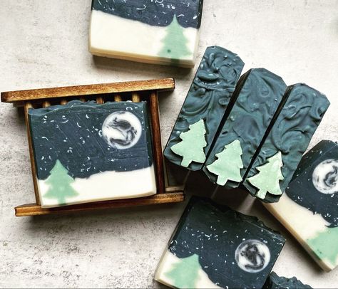 Handmade Artisan Cold Process Soap Christmas Tree Moon Holiday Forest Landscape Soap Bar Frosted Winter Woods Cashmere Soap Design Ideas Bath and Body Design Pretty Soap Christmas Soap Designs, Christmas Cold Process Soap, Christmas Soap Ideas, Mountain Soap, Emerald Christmas, Christmas Soaps, Soap Design Ideas, Cold Process Soap Designs, Soap Christmas