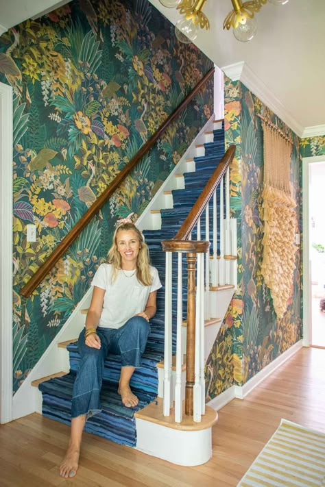 I wanted to make a bold statement in our small foyer so I added big bold wallpaper, painted the railing and added a colorful foyer table. Casa Casuarina, Stained Wood Trim, Foyer Wallpaper, Small Foyer, Eclectic Wallpaper, 1st House, Foyer Design, Bold Wallpaper, Up House