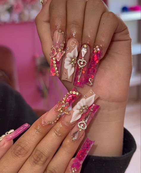 Long Bougie Acrylic Nails, Fiusha Nails, Hot Pink Quince Nails, Hot Pink Quince, Pink Jewel Acrylic Nails, Fuschia And Gold Nails, Pink Quince Nails With Butterflies, Latina Nail Designs Pink, Pink Bling Acrylic Nails