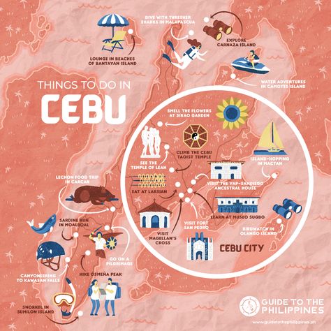 Here's a map of places visit in Cebu, Philippines to help you plan your trip! Cebu Travel Brochure, Cebu City Tourist Spot, Philippines Honeymoon, Camotes Island Cebu, Cebu Philippines Travel, Temple Of Leah, Phillipines Travel, Camotes Island, Cebu Island