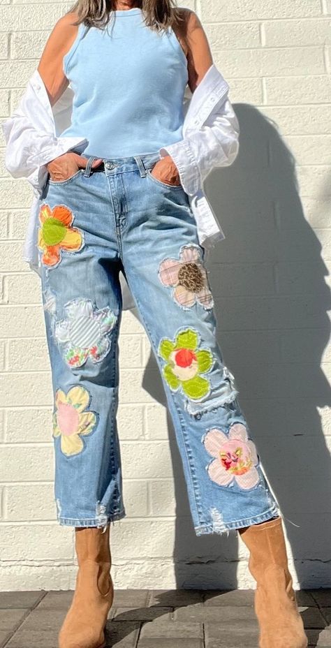 Altering Jeans, Boho Jeans, Repurposed Denim, Denim Flowers, Upcycle Shirt, Patchwork Jeans, Embellished Jeans, Repurposed Clothing, Denim Patches