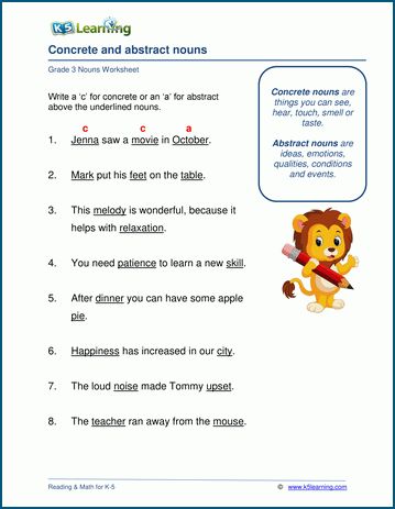 Using concrete and abstract nouns worksheet | K5 Learning Types Of Nouns Worksheet Grade 5, Abstract Nouns Worksheet For Grade 3, Concrete And Abstract Nouns Worksheets Grade 4, Abstract Nouns Worksheet Grade 5, Abstract And Concrete Nouns Worksheets, Abstract Nouns Worksheet, Common Nouns Worksheet, Math Mental, Concrete And Abstract Nouns