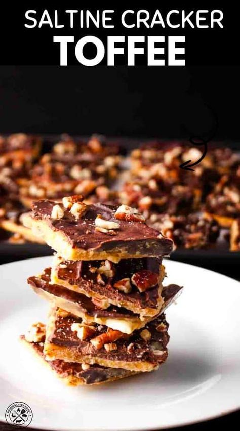 This easy Saltine Cracker Toffee recipe transforms simple ingredients into an irresistible holiday treat! Layers of crispy crackers, rich toffee, chocolate, and toasted pecans make the perfect homemade gift. Ready in 20 minutes! Recipes That Use Saltine Crackers, Pecan Cracker Toffee, Soda Cracker Candy Saltine Toffee, Saltine Cracker Toffee Recipe, Soda Cracker Toffee, Toffee Crackers Saltine, Cracker Toffee Recipe Saltine, Christmas Cracker Toffee Recipe, Cracker Candy Recipe Saltine