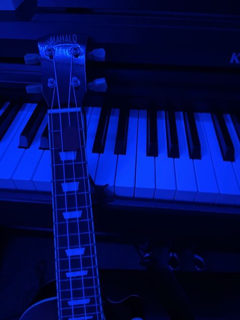 Blue Ukulele Aesthetic, Blue Rock Aesthetic, Dark Blue Music Aesthetic, Ukulele Aesthetic Wallpaper, Blue Aesthetic Music, Blue Music Aesthetic, Blue Ukulele, Ukulele Aesthetic, Blue Music