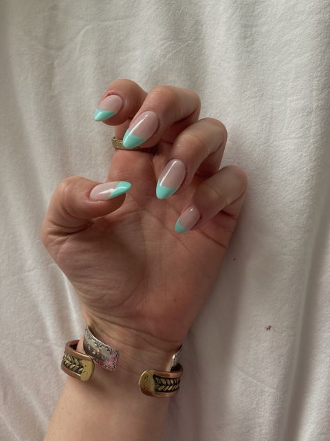 Teal Color Nails Turquoise, Turquoise Nails For Prom, Colorful French Tip Nails Dip, Almond French Tip Dip Nails, Turquoise Nails Acrylic Short, Teal Nails Acrylic French Tips, Turquoise Tips Nails, Turquoise Design Nails, Turquoise Nail Tips