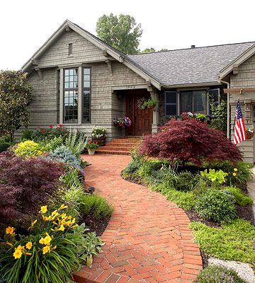 landscape bungalow...japanese maple...daylilies...brick front path Bungalow Backyard, Affordable Landscaping, Brick Sidewalk, Brick Path, Brick Walkway, Colonial Style Homes, Craftsman Bungalows, Exterior Remodel, Ranch Style Homes