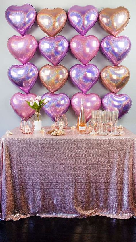 Girls Brunch Party | CatchMyParty.com Girls Brunch Party, Baloon Wall, Celebration Aesthetic, Mirror Trays, Wire Candle Holder, Balloon Heart, Purple Valentine, Party Decoration Ideas, Rose Gold Theme