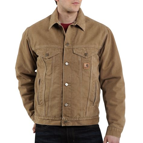 Carhartt Sandstone Denim Jacket, Sherpa Lined Carhartt Jacket Outfit, Brown Denim Jacket, Men Workwear, Vintage Carhartt Jacket, Green Denim Jacket, Jacket Sherpa, Mens Sherpa, Carhartt Workwear, Carhartt Jacket