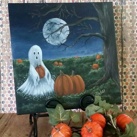 Pumpkin Patch Painting Ideas, Pumpkin Patch Painting On Canvas, Pumpkin Patch Painting, Ghost Paintings, Halloween Bottle Labels, Halloween Bottles, Halloween Rocks, Halloween Artwork, Halloween Painting