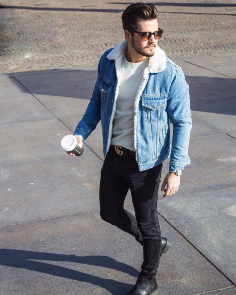 Men’s Blue Denim Jacket Outfit, Denim Jacket With Fur Outfit Men, Light Blue Jean Jacket Outfit Men, Men’s Sherpa Jacket Outfit, Blue Jeans Jacket Outfit Men, Sherpa Jean Jacket Outfit Men, Levi’s Jacket Outfit, Blue Sherpa Jacket Outfit, Sherpa Denim Jacket Outfit Men