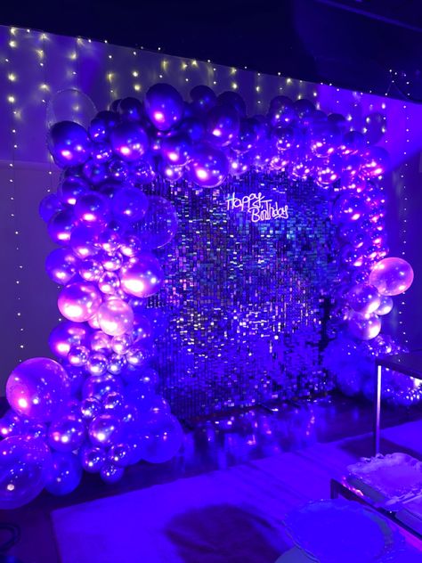 Purple Sequin Tablecloth, Glow Quince Theme, Purple And Silver Birthday Invitations, Purple Party Lights, Euphoria Sweet 16 Party Ideas, 20th Birthday Ideas Purple, Blue And Purple Party Theme, Prince Purple Rain Themed Birthday Party, Euphoria Balloons