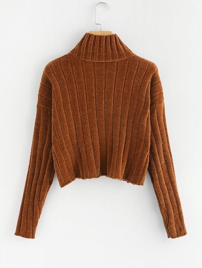 High Neck Raw Hem Crop Sweater -SheIn(Sheinside) Velvet Sweater, Chenille Sweater, High Neck Sweater, Sweater Collection, Crop Sweater, Sweaters Online, Roll Up Sleeves, Grunge Style, Rock Style