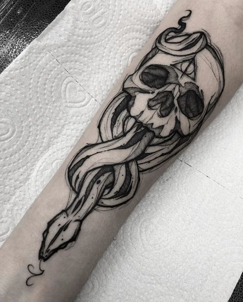 Slytherin Tattoo, Dark Mark Tattoos, Tattoo Harry Potter, Harry Tattoos, Mario Tattoo, Black And White Snake, Hp Tattoo, Bookish Tattoos, Inner Forearm Tattoo