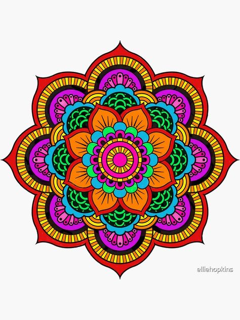 "Colourful Indian Mandala" Sticker by elliehopkins | Redbubble Coloured Mandala Drawing, Mandala Coloring Ideas, Mandala Art Design Colour, Mandela Art Colorful, Mandala Art Colorful Patterns, Mandela Colouring, Mandala Coloring Pages Finished, Mandala Drawing Colourful, Indian Stickers