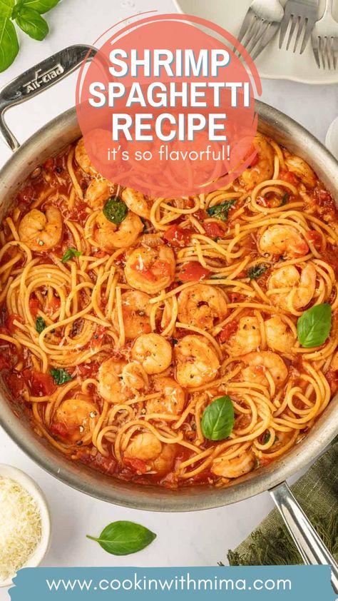 This Shrimp Spaghetti Recipe is incredibly flavorful and so easy to put together! It’s one of the simplest dishes you can make, so it’s perfect for those busy weeknights. Even better, this dish is super versatile too and can be altered to fit your tastes or you can add your favorite veggies, if you like! Spaghetti Recipes With Shrimp, Shrimp And Spaghetti Recipes, Shrimp Spaghetti Recipes, Spaghetti And Shrimp, Spaghetti With Shrimp Recipes, Spaghetti With Shrimp, Seafood Spaghetti, Shrimp Spaghetti, One Pot Spaghetti