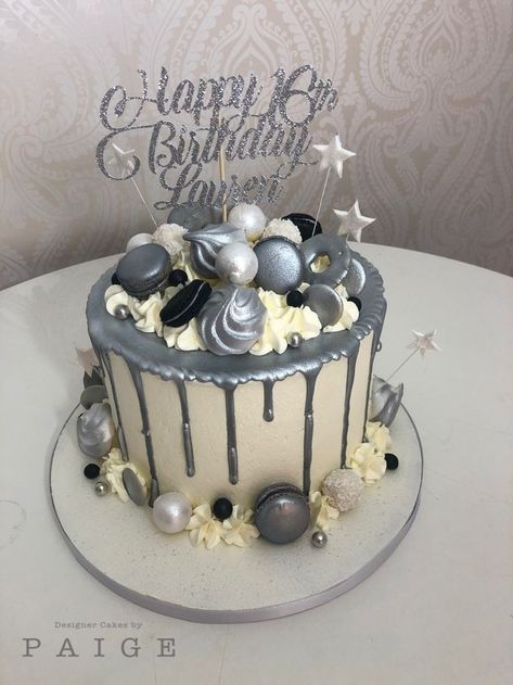 Silver Cake Ideas Birthdays, White And Silver Birthday, Silver Birthday Cake, Drip Birthday Cake, 18th Birthday Cake For Girls, Buttercream Drip, White Birthday Cakes, Gold Birthday Cake, Wedding Anniversary Cakes