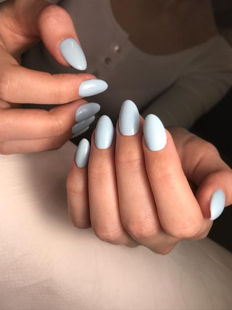 Powder Colour Nails, Nail Colours Almond Shape, Solid Nail Color Designs, Oval Pastel Nails, Blueberry Milk Nails Almond, Pale Blue Nails Almond, Pastel Nail Colours, Summer Nail Inspo Dip Powder, Short Pale Blue Nails