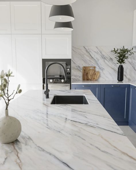 Dekton Trance Kitchen Countertop and Backsplash Dekton Trance, Blue Granite Countertops, Modern Eclectic Interior, International Interior Design, Bathroom Shower Walls, Quartz Kitchen Countertops, Quartz Kitchen, Blue Kitchen, Summer Kitchen