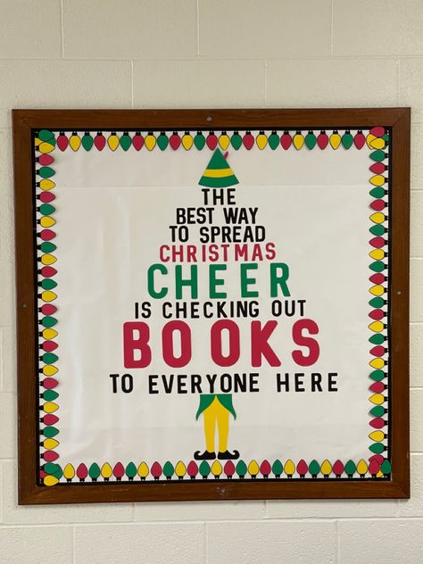 Library Decorations For Christmas, Buddy The Elf Library Display, Book Bulletin Board High School, Library Christmas Tree Ideas, Christmas Bulletin Board Ideas For Library, Christmas Bulletin Boards For Library, Elementary Library Christmas Decorations, Grinch Library Bulletin Boards, School Library Christmas Decorations