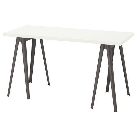 IKEA - LAGKAPTEN, Desk, white/dark gray, The tabletop has pre-drilled holes to make it easier to attach to the underframe. Ikea Desk Legs, Modular Office, Ikea Ireland, Ikea Desk, Desk Legs, Plastic Edging, White Desks, Ikea Furniture, Office Table