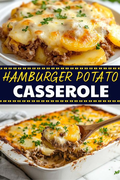 With minimal prep work and just a few ingredients, this hearty hamburger potato casserole bakes into a delicious, comforting meal the whole family will love. Hamburger And Potato Casserole, Hamburger Potato Casserole, Hamburger And Potatoes, Ground Beef And Potatoes, Easy Hamburger, Hamburger Casserole, Beef And Potatoes, Potatoe Casserole Recipes, Ground Beef Recipes For Dinner