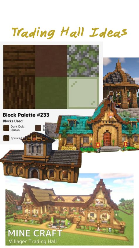 Minecraft Trader House, Villager Trading Center Minecraft, Minecraft Trade Hall, Minecraft Villager Trading Hall Ideas, Minecraft Trading Hall Design, Minecraft Village Builds, Hobbit House Minecraft, Minecraft Trading Hall, Minecraft Trading