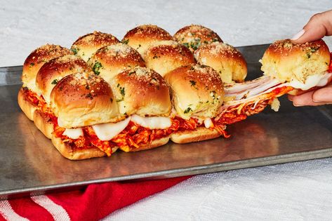 These Shredded Chicken Parm Sliders Are Mini Flavor BombsDelish Chicken Parm Sliders, Parm Sliders, Sliders Recipes Chicken, Chicken Sliders, Shredded Chicken Recipes, Slider Buns, Chicken Parm, Slider Recipes, Frozen Chicken