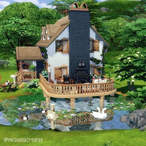 Sims Floor Plans Cottage, Sims 4 Cottage Landscaping, Sims 4 Cottage House Ideas, Sims House Cottage, Sims 3 Cottage, Henford On Bagley House, Sims 4 Cozy Cottage, Sims 4 Cottage Bedroom, Henford On Bagley House Sims 4