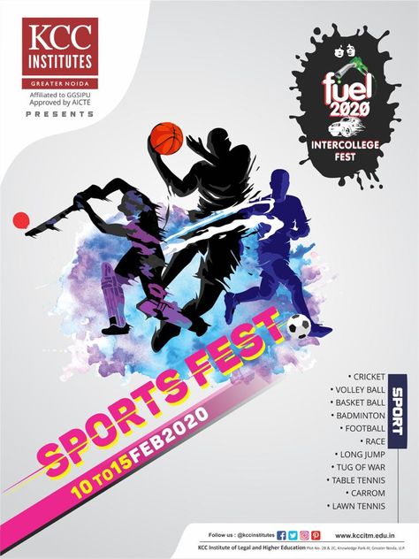 We are very excited to announce our inter-college sports fest "Fuel-2020" from 10th to 15th February 2020. The vision is to provide a competitive platform for college students to showcase their sporting talent.  So don't miss this golden opportunity when it knocks your door as we have just limited entries in all the categories.  #kcc #kccinstitutes #kccilhe #ipu #ggsipu #BBA #BAJMC #BCOMH #BCA #BTECH #aktu #delhincr #greaternoida #kccitm #Fest2020 #KCC_Fest #Fuel2020 #CultralFest #intercollegefe Sports Fest Poster, Fest Poster Design, Pubmat Ideas, Fest Poster, Admissions Office, Golden Opportunity, Interesting Facts About Yourself, Engineering Management, Teaching Techniques