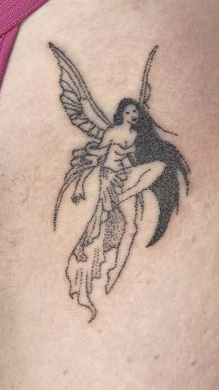 Stick And Poke Fairy Tattoo, Fairy Stick And Poke, Gothic Fairy Tattoo, Ballerina Tattoo, Calf Tattoos For Women, Pixie Tattoo, Barbed Wire Tattoos, Stick Tattoo, Stick Poke Tattoo