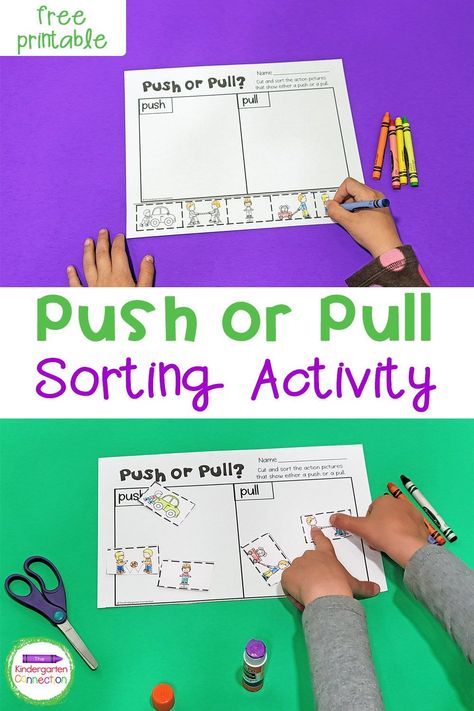 Push And Pull Centers, Push And Pull Kindergarten Activities, Push And Pull Activities Kindergarten, Push And Pull Kindergarten, Push And Pull Activities, Types Of Forces, Kindergarten Science Experiments, Stem Activities Kindergarten, Motion Activities