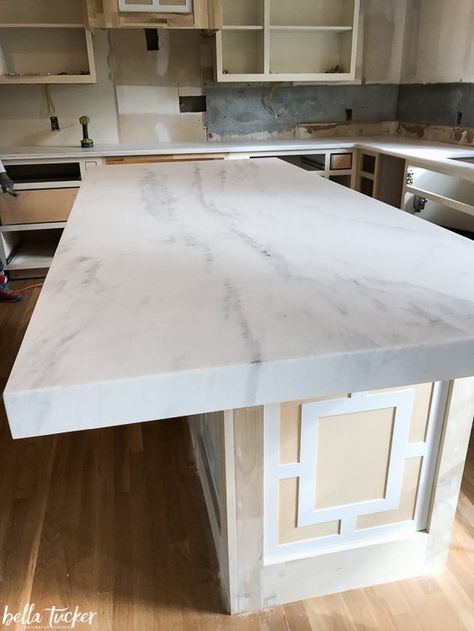 Tucker Kitchen Remodel- Week 4 - Bella Tucker 3 Inch Mitered Edge Countertop, Mitered Edge Countertop, Kitchen Countertop Decor Ideas, Countertop Decor Ideas, Kitchen Countertop Ideas, Kitchen Design Countertops, Quartz Bathroom, Kitchen Countertop Decor, Scandinavian Design Living Room