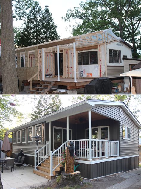 Trailer Remodel Outside Mobile Homes, Park Model Additions, Singlewide Mobile Home Additions, Single Wide With Addition, Trailer Additions Single Wide, Trailer Home Additions, Diy Mobile Home Addition, Mobile Trailer Remodel, Before And After Trailer Home Remodels