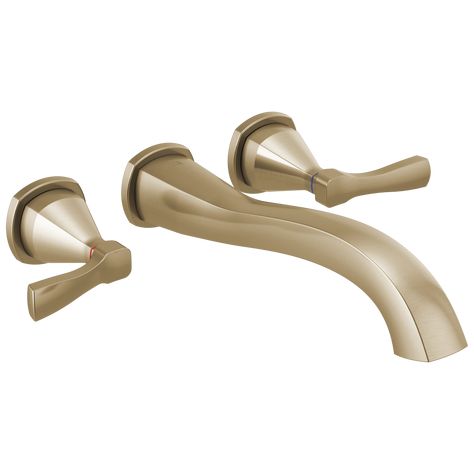 With subtly upturned spout and handles, the Stryke Bath Collection radiates confidence and composure with an assured stature and ascending contours. Designed to be integral to both your bathroom’s everyday use and personalized style, Stryke Delta Stryke Champagne Bronze 2-Handle Residential Wall-Mount Bathtub Faucet | T5776-CZWL Wall Mounted Tub Filler, Delta Stryke, Wall Mount Tub Filler, Wall Mount Tub Faucet, Roman Tub Faucets, Roman Tub, Tub Spout, Delta Faucets, Champagne Bronze