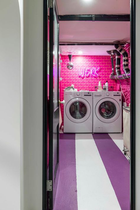 Funky Basement, Basement Bedroom Decor, Pink Laundry Room, Modern Dutch Colonial, Brownstone Boys, Cellar Conversion, Pink Laundry, Pink Laundry Rooms, Basement Foundation