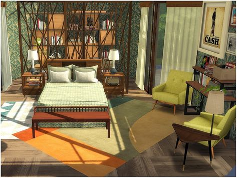 Sims 4 Retro Bedroom, Kitchen Rug Ideas, Sims 4 Retro, Sims 4 Beds, Sims Interior, Sims 4 Historical, Bedroom Retro, Retro Bed, Retro Bedroom