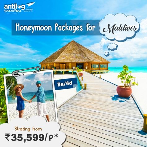 A perfect honeymoon needs a perfect destination. ➡️Book #Honeymoon #Packages for #Maldives with Antilog Vacation for experience some of the best water sports activities, Pristine #Beaches, amazing water villas for 3N/4D starting from ₹ 35,599/P*. ✈️  #AntilogVacations #YourTravelPartnerForLife #Travellove #Tourism #Travel #Tour #Holiday Maldives Honeymoon Package, Maldives Tour Package, Maldives Tour, Travel Maldives, Affordable Honeymoon, Maldives Holidays, Perfect Honeymoon, Maldives Honeymoon, Maldives Beach