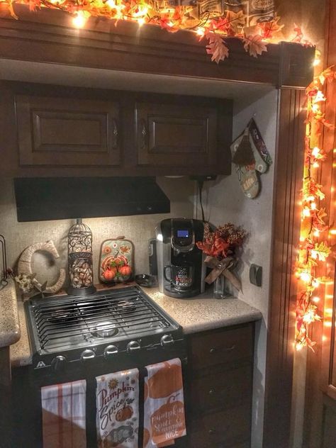 Fall Decor For Rv, Fall Decor Ideas For Trailer, Fall Decor Ideas For Rv, Travel Trailer Fall Decor, Camper Fall Decor, Decorating Rv For Halloween, Rv Fall Decorating Ideas, Fall Rv Decorating, Rv Christmas Decorations Rv Campers