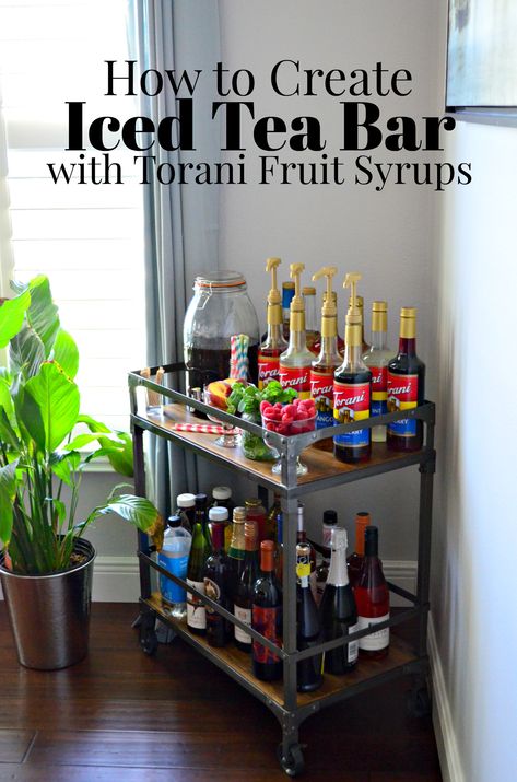 Learn how to create an Iced Tea Bar with Torani Fruit Syrups! A perfect addition to Spring & Summer celebrations and requires little effort to setup and everyone is sure to find a flavor they love! Iced Tea Bar Drink Stations, Ice Tea Bar Drink Stations, Torani Syrup Storage Ideas, Tea Bar Ideas, Syrup Bar, Iced Tea Bar, Soda Station, Ice Tea Bar, Business Techniques