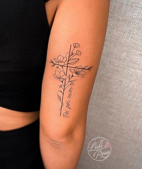 Cross With Faith Tattoo, Lateral Forearm Tattoo, Bloom In Grace Tattoo, Gods Promises Tattoo, Cross Shoulder Tattoos For Women, Floral Bible Verse Tattoo, Cross With Birth Flowers Tattoo, Bible Verse Cross Tattoo, Cross Thigh Tattoos For Women