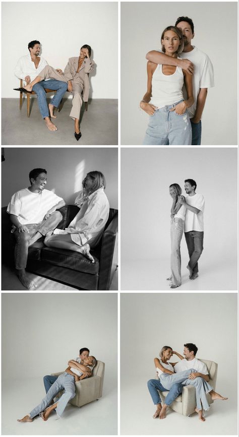 Casual Couples Photoshoot Studio, Couple Studio Photoshoot Outfit Ideas, Couple Shoot Ideas Studio, Monography Photo Ideas, Engagement Photos In A Studio, Couple Indoor Photoshoot Studio, High Fashion Couple Photoshoot, Studio Couple Photoshoot Ideas Creative, White Shirt Blue Jeans Couple Photoshoot