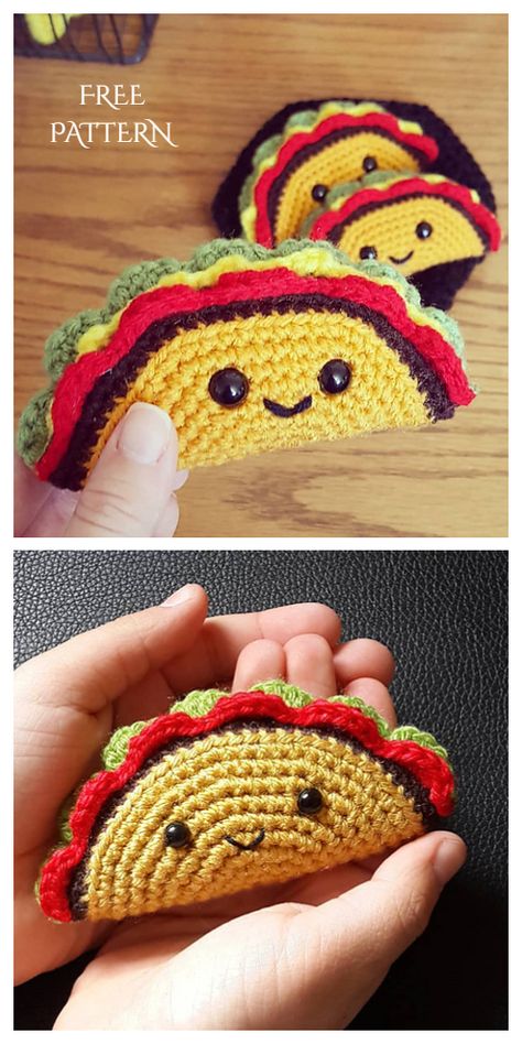 Crochet Taco Amigurumi Free Patterns - DIY Magazine Crochet Taco, Taco Character, Crochet Play Food, Food Crochet, Amigurumi Food, Amigurumi For Beginners, Knitted Doll Patterns, Pola Amigurumi, Blog Art