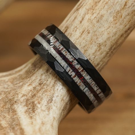 Antler Rings For Men, Antler Rings, Antler Wedding Band, Deer Antler Ring, Western Rings, Black Fire Opal, Opal Wedding Band, Wedding Ring For Him, Western Tattoos