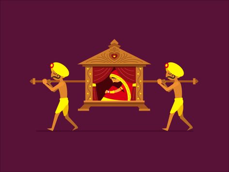 ...also known as 'Palki', was used as a human carrier in previous days. Mainly used to carry out the bride at Bengal in India. Palanquin Drawing, Palki Design, Animation Walk Cycle, Animated Graphics, Wedding Illustration Card, Illustration Gif, Coloring Canvas, Wedding Symbols, Walk Cycle