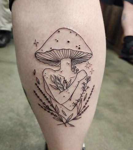 Mushroom Tattoo On Thigh, Thigh Tattoos Mushroom, Tattoo Design Drawings Mushroom, Mushroom Floral Sleeve Tattoo, Nature Mushroom Tattoo, Mushroom Face Tattoo, Mandala Mushroom Tattoo, Mushroom Tattoo Whimsical, Tattoo Mushroom Lady