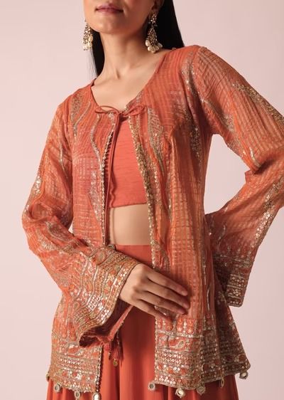 Orange Indo Fusion Jacket Set With Sequin Work Mirror Tassels, Top And Palazzo Pants, Brocade Jacket, Resham Embroidery, Bridesmaid Saree, Top Indian, Palazzo Set, Pretty Designs, Orange Top