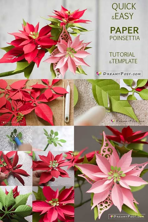 Paper Poinsettia template and step by step tutorial Poinsettia Crafts, Paper Poinsettia, Poinsettia Flower, Make Paper, Flower Template, Paper Flowers Diy, Wine Bottle Crafts, Easy Paper Crafts, Christmas Paper