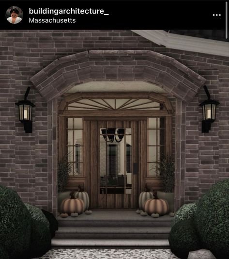 Bloxburg Houses Dark Acedemia, Detailed Bloxburg Exterior, Bloxburg City Ideas Layout, Bloxburg Fireplace Ideas, Bloxburg Dark Academia House, Bloxburg Autumn House Exterior, Grunge Bloxburg House, Entrance Bloxburg, Bloxburg Front Door Ideas