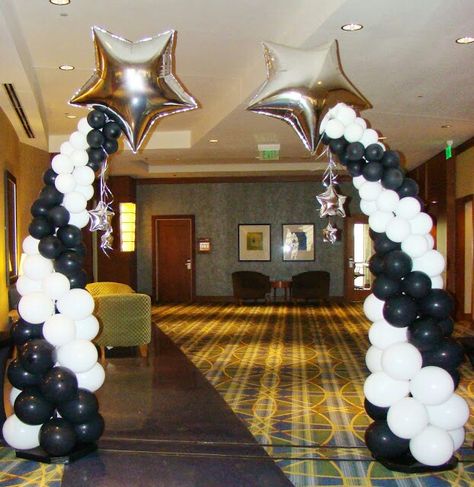 shooting star balloon column: #shootingstars #balloon #columns #arch #balloons #balloondecor #balloonarch #white #black #silver #star Star Balloon Column, Balloon Towers Ideas, Shoot For The Stars Graduation Theme, Night To Shine Decorations, Star Balloon Centerpieces, Star Graduation Theme, Star Balloon Arch, Ballon Column, Prom Balloons